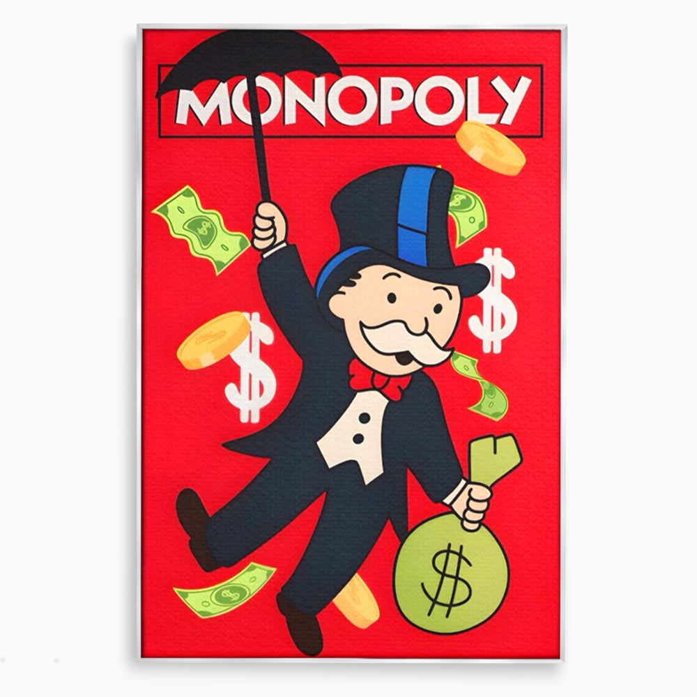Tablou canvas cu tablou canvas cu domnul monopoly pe fond rosu, in rama de aluminiu argintiu